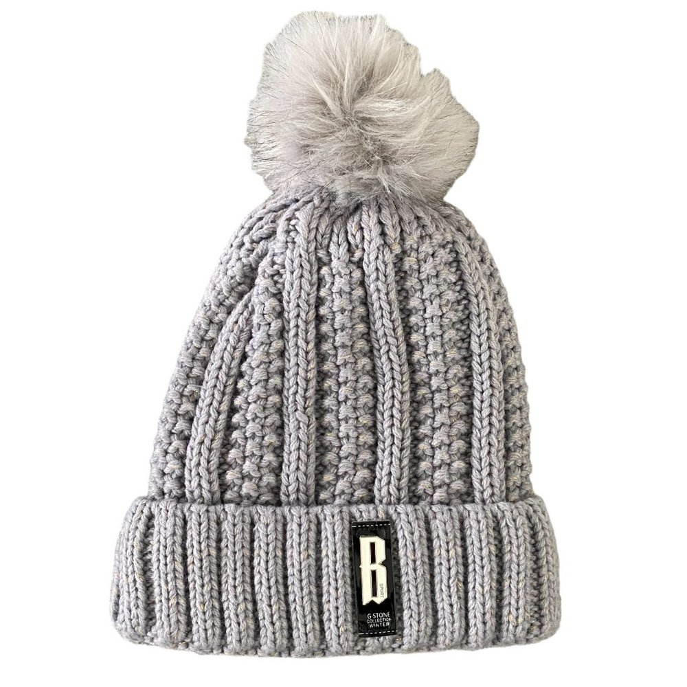 B Sport G-Stone Collection Cable Knit Gold Metallic Gray Pom Sherpa Beanie Hat